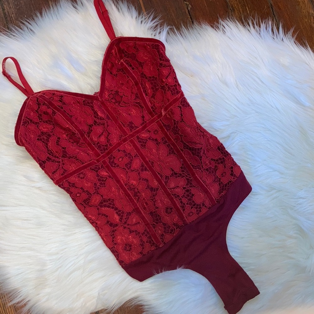 Lovers + Friends Lace and Velvet Red Bodysuit NWOT